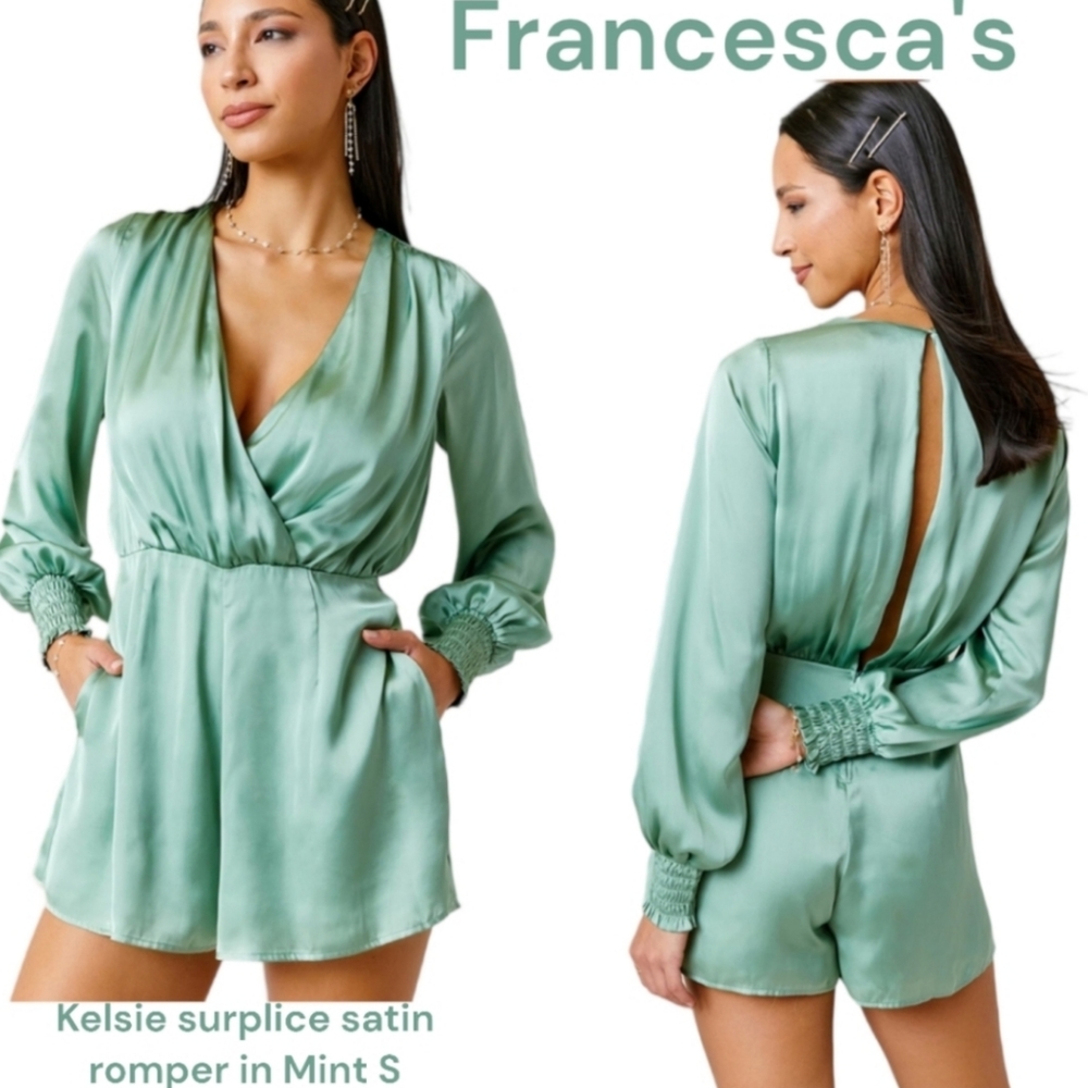 Francesca's kelsie surplice green satin romper deep V keyhole longsleeve